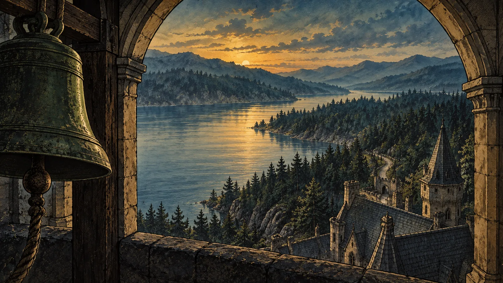 The view from the bell tower: a great bell in a stone arch above the castle roofs, a long lake and forested hills in evening light.