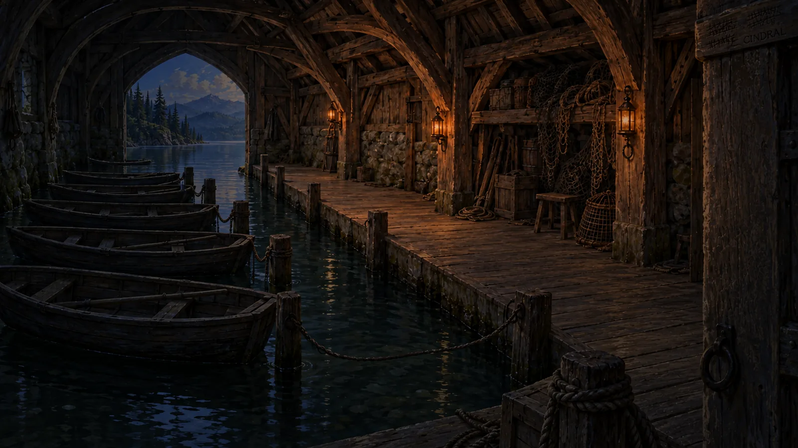 The castle boathouse at night: rowing boats moored along a wooden jetty under a vaulted roof, the dark lake beyond the arch.
