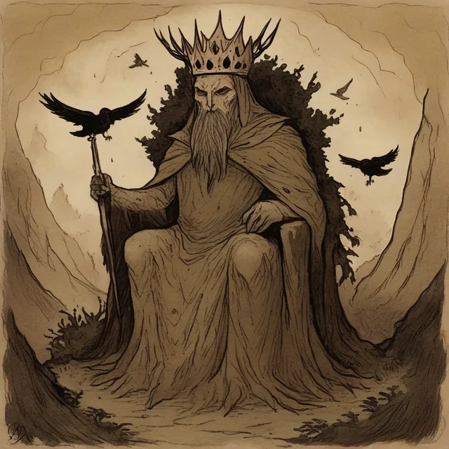 A crowned, bearded king of stone seated on a rocky throne with a staff, black birds circling.