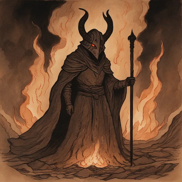 Card art: Ashkar of the First Hearth, a horned, hooded figure with a staff, standing in fire.