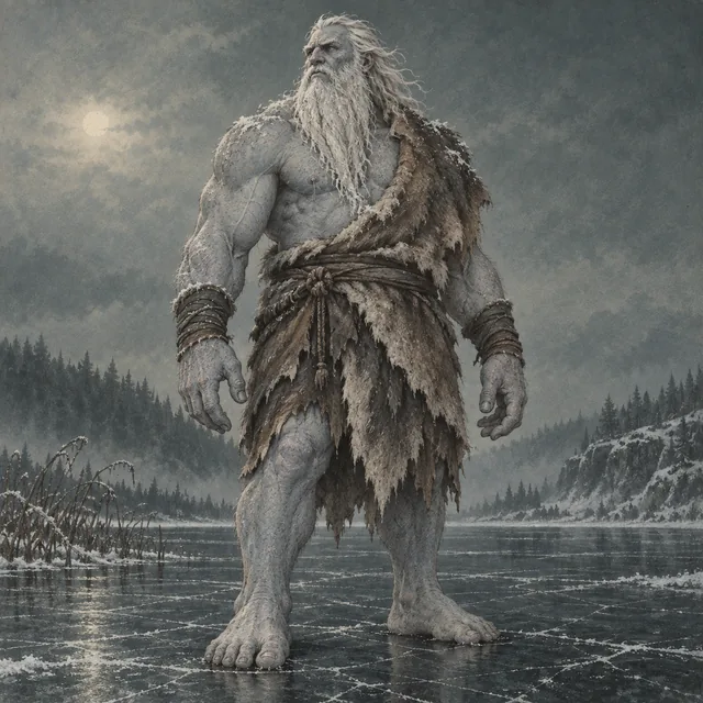Card art: the Frost Giant, a white-bearded giant in rough furs on a frozen lake.