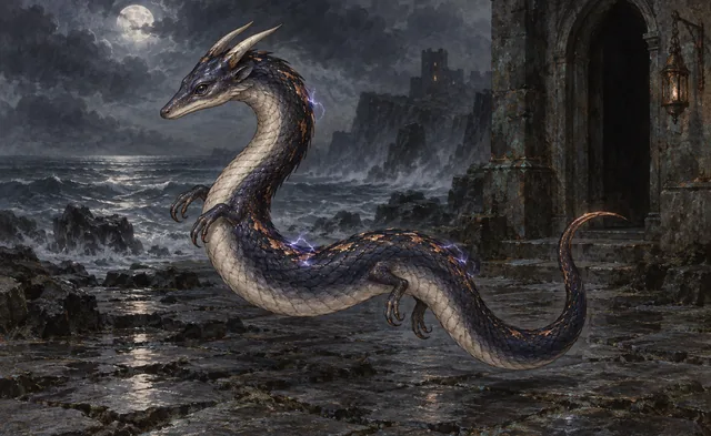 A long scaled serpent-dragon crackling with violet sparks on a wet stone shore under a full moon.