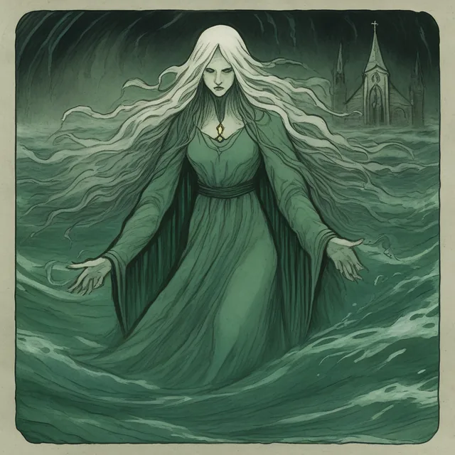 Card art: Meridh of the Sunken Choir, a pale woman with long white hair rising from green water.