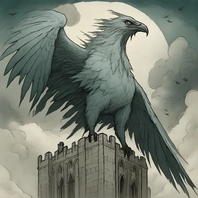 A great grey bird of prey with spread wings perched on top of a stone tower, a pale moon behind.