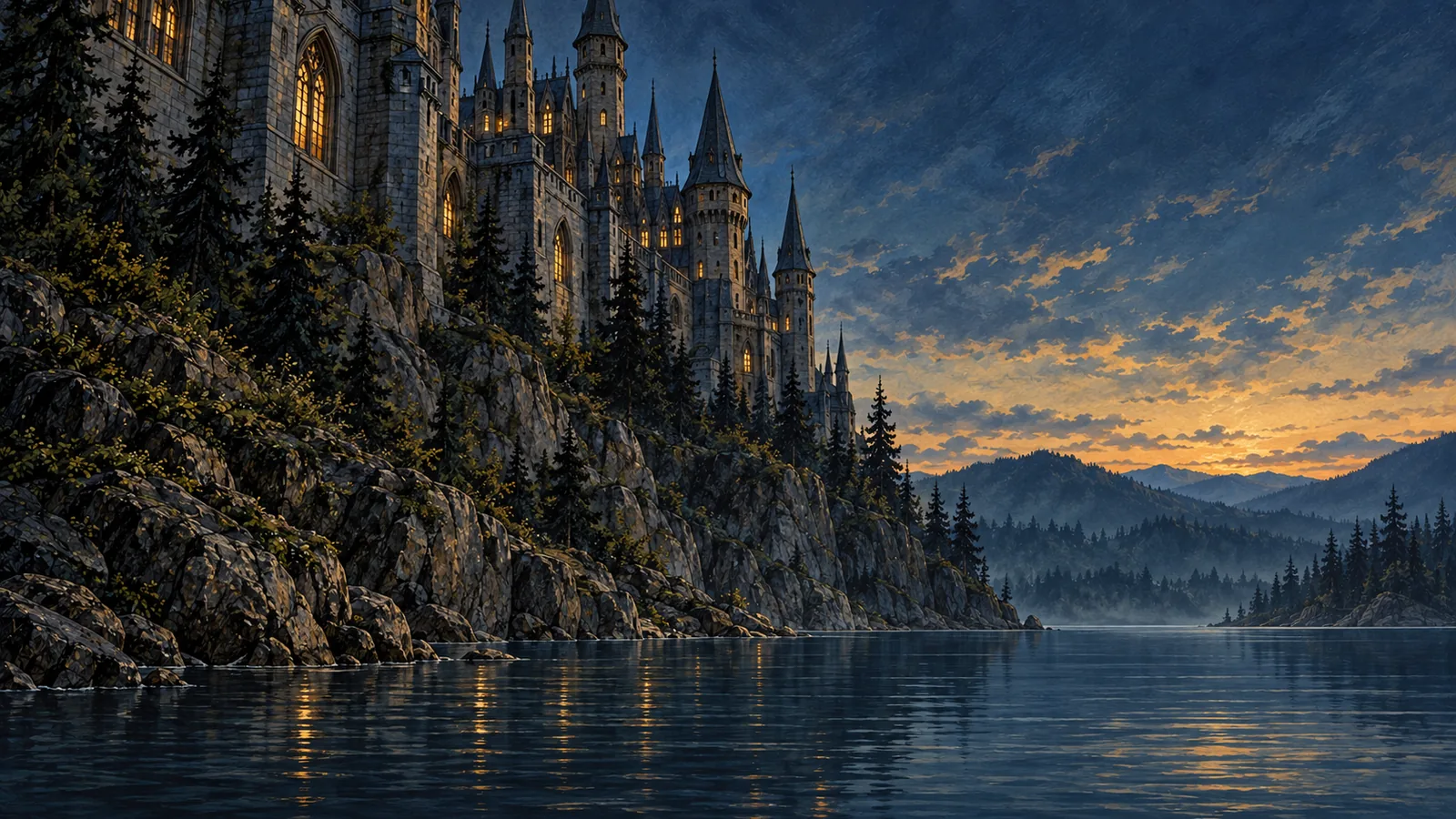 A castle of many towers on a wooded cliff above a dark lake, its windows lit against an amber evening sky.