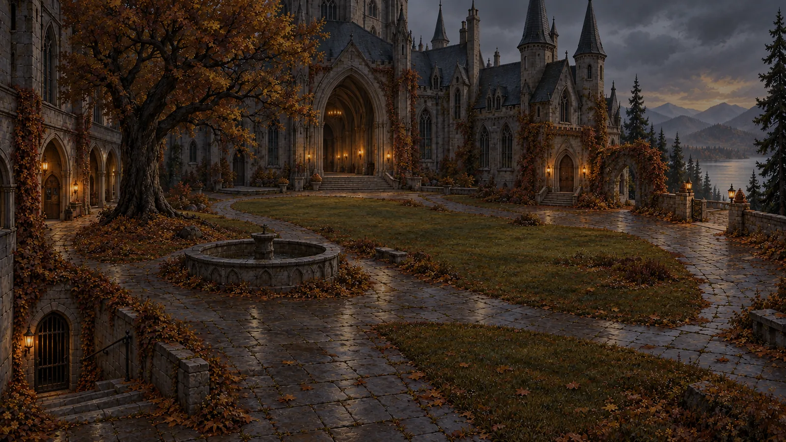 The castle courtyard at autumn dusk: a great oak, a stone fountain and fallen leaves, lamplit windows in the towers.