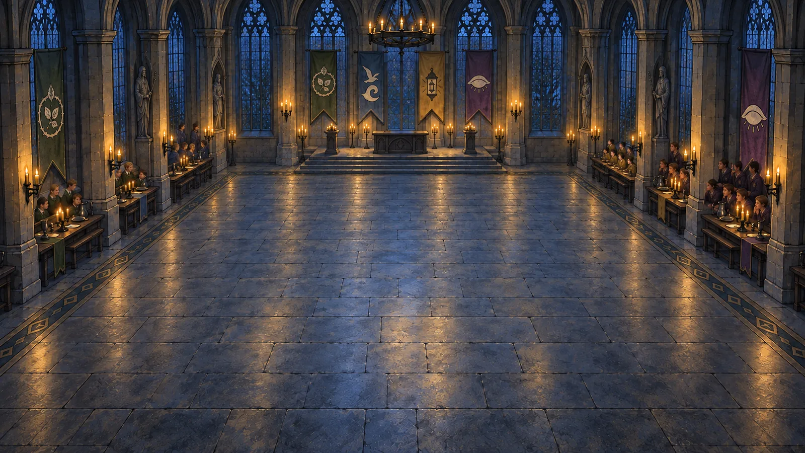 The Great Hall set for the Open Cup final, candlelit house tables along both sides.