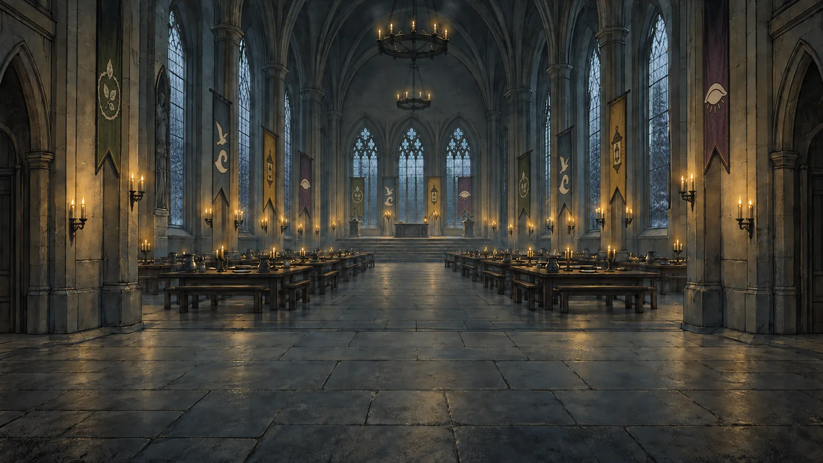 The Great Hall at dusk in winter, long tables under iron chandeliers.
