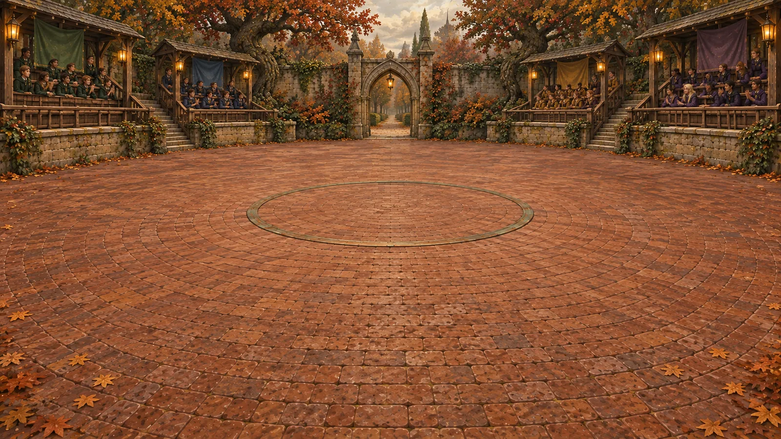 Orchard Court: a round brick arena strewn with autumn leaves, ringed by the house stands under orchard trees.