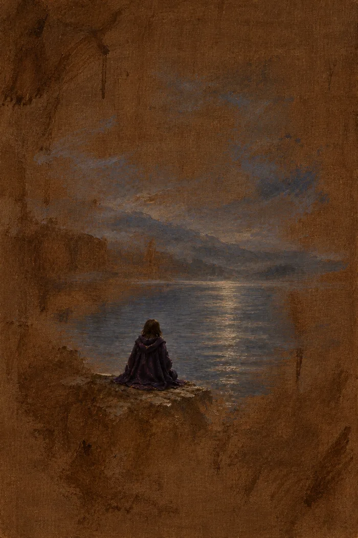 The Duskmere painting in Year 1: on a bare brown ground, only a violet-hooded figure and a moonlit lake.