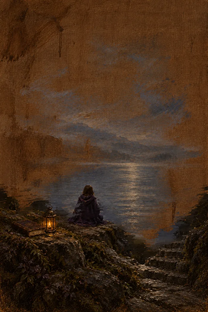 The Duskmere painting in Year 4: dark rock and a lantern are painted in around the violet-hooded figure.
