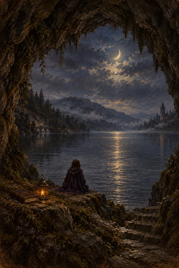 The Duskmere painting in Year 7, finished: a violet-hooded figure seated in the mouth of a cave beside a lantern, looking out at a moonlit lake under a crescent moon.