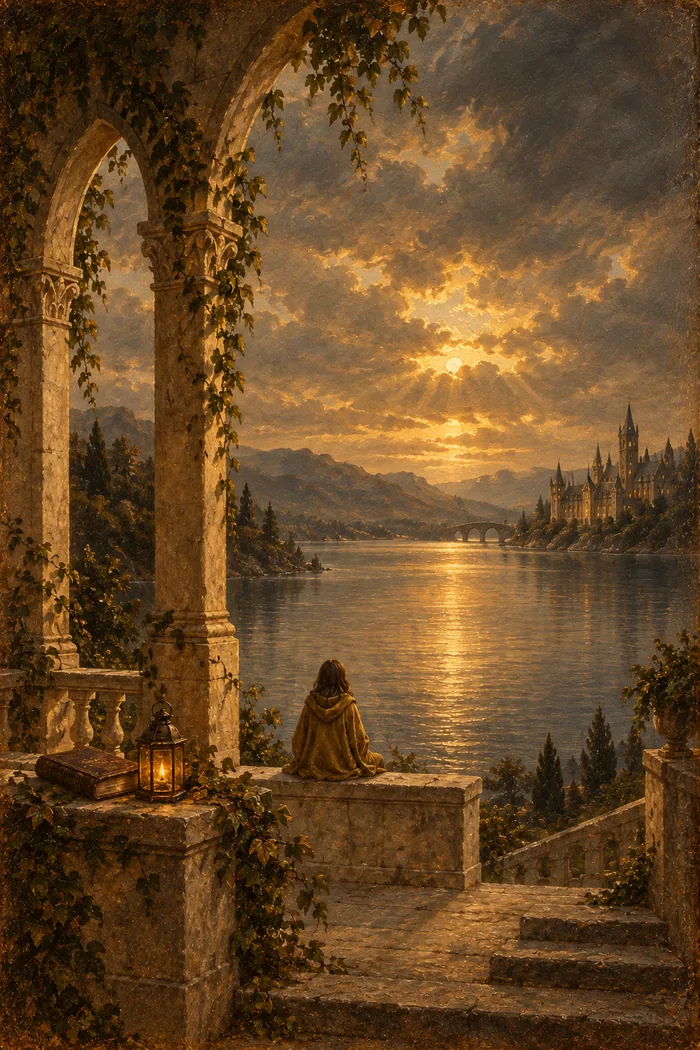 The Halloran painting in Year 7, finished: a gold-hooded figure seated under an ivy-covered arch, a far castle across the lake in golden evening light.