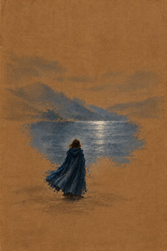 The Vaelstrom painting in Year 1: on a bare brown ground, only a figure in a blue cloak and a pool of moonlit lake.