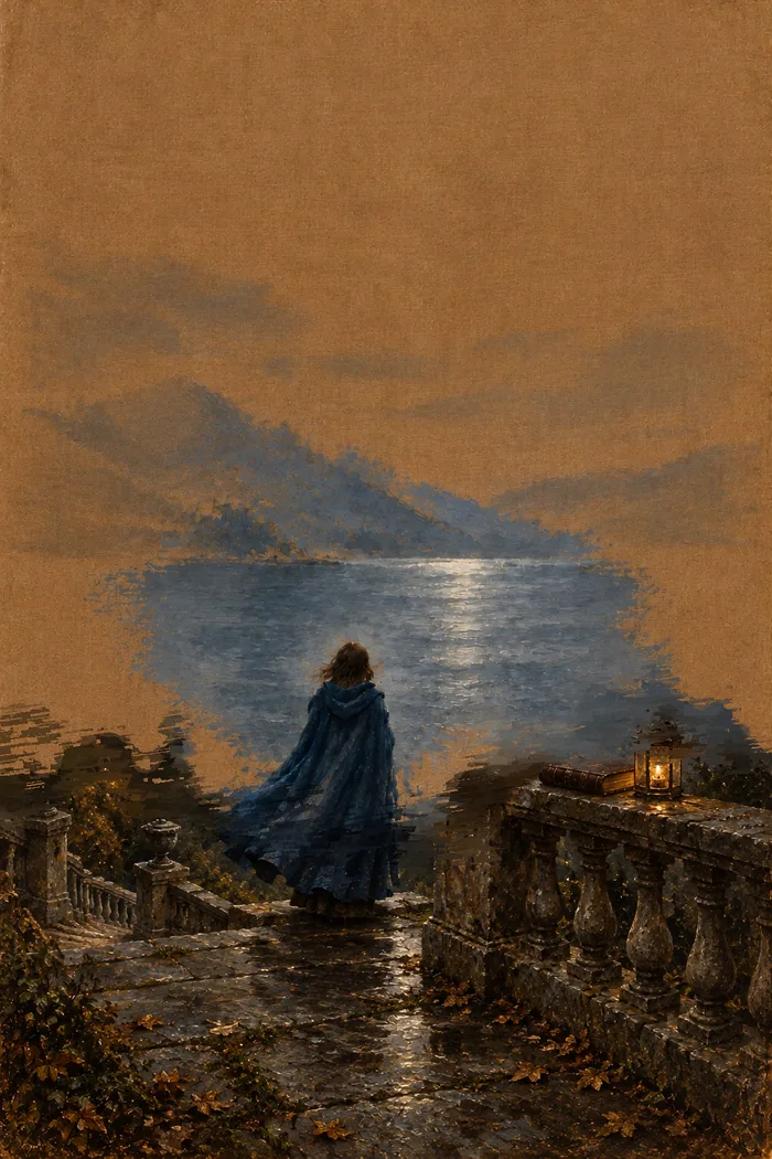 The Vaelstrom painting in Year 4: a stone balustrade, a lantern and wet stones have appeared around the blue-cloaked figure.