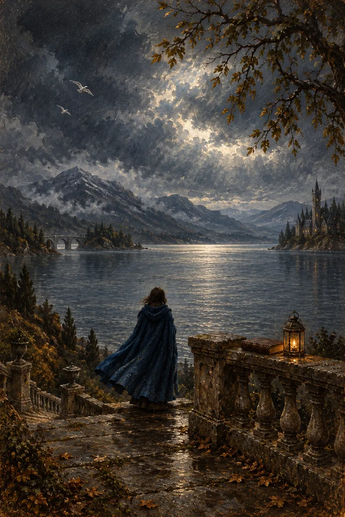 The Vaelstrom painting in Year 7, finished: a figure in a blue cloak on a stone terrace above the lake, mountains and a far castle under a storm sky.