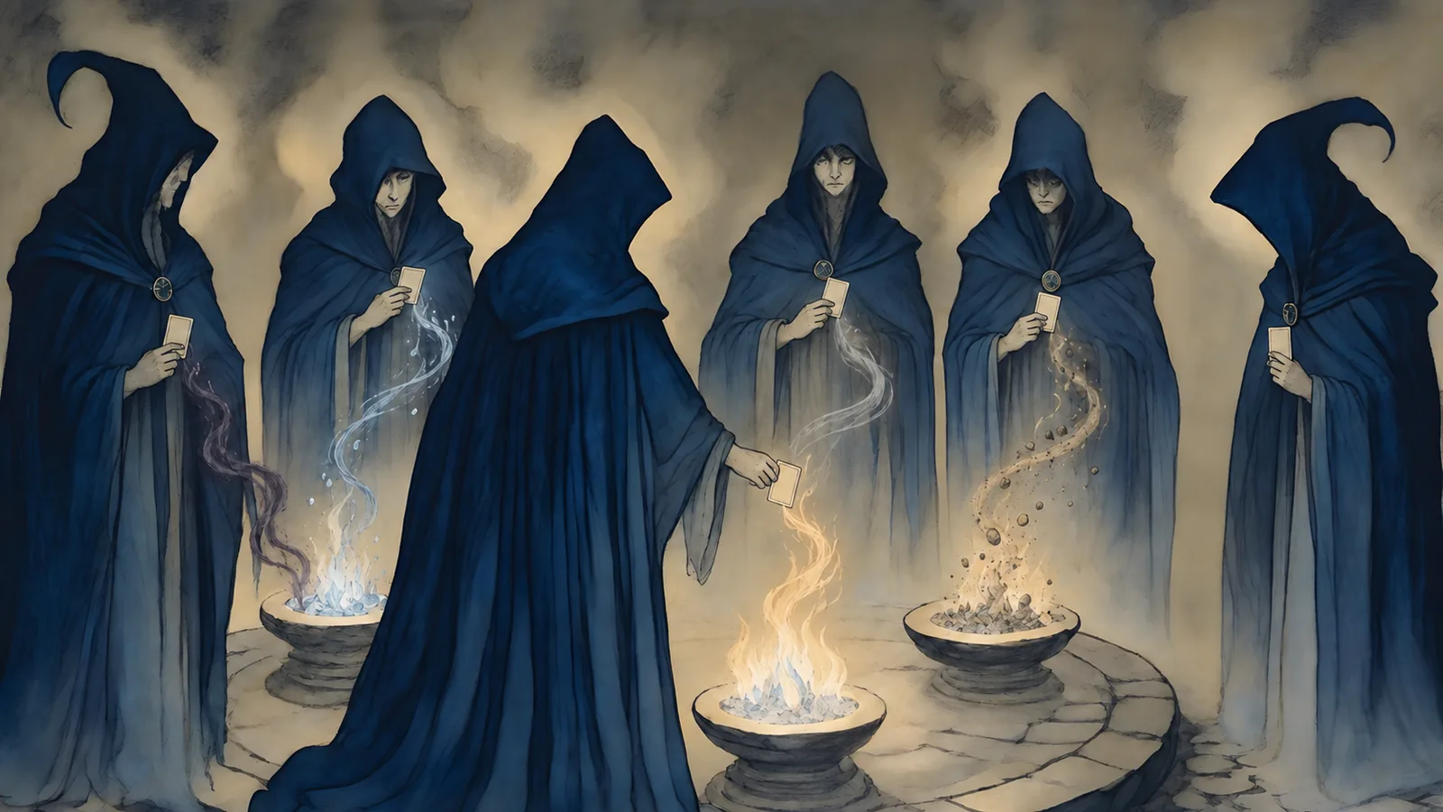 Six hooded figures in blue robes stand around smoking stone bowls, binding pale cards with threads of light.