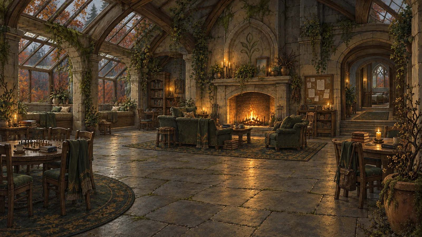 The Thornwick common room at autumn dusk: a glass-roofed hall with a lit fireplace, green armchairs and trailing ivy.