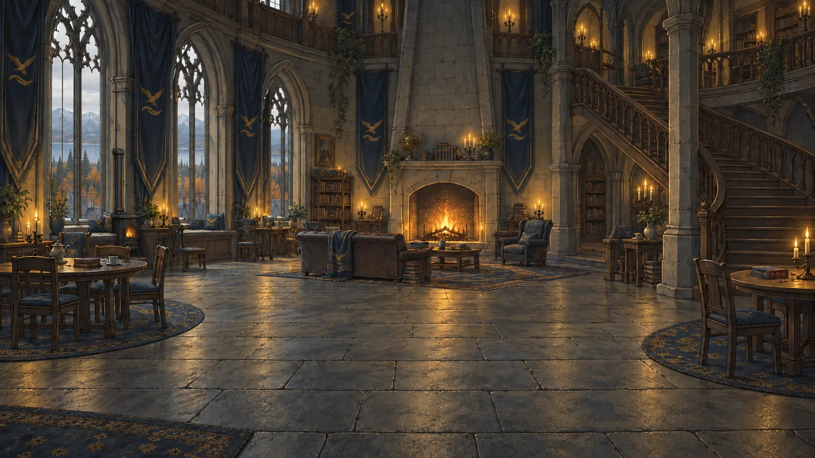 The Vaelstrom common room at autumn dusk: tall arched windows, blue banners, a fire under a great stone chimney and a staircase rising to a gallery.